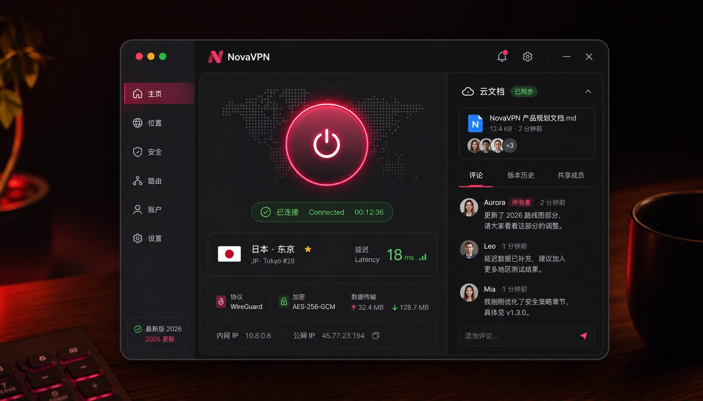 NovaVPN客户端主界面UI展示与一键连接状态