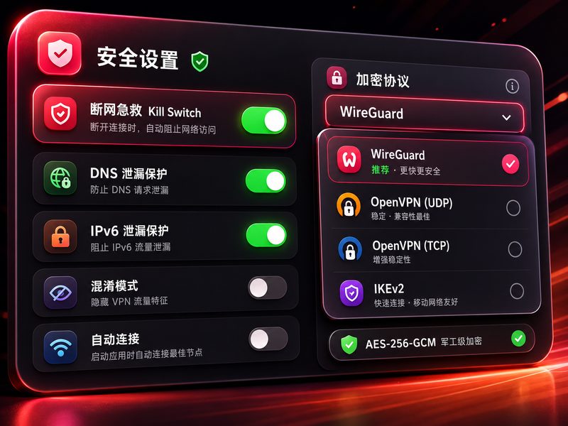 NovaVPN军用级隐私加密与安全设置面板